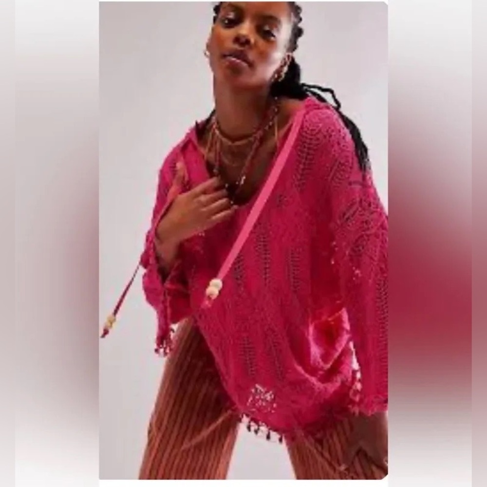 Free People Long Beach Crochet Hoodie Tasseled Scalloped Pink Rose